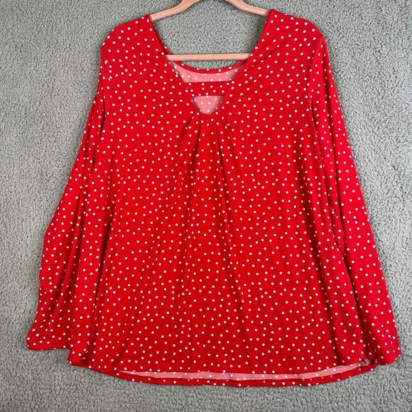 Susan Graver Blouse Womens XL Red Polka Dot V Neck Top Long Sleeve Keyhole - Picture 1 of 8